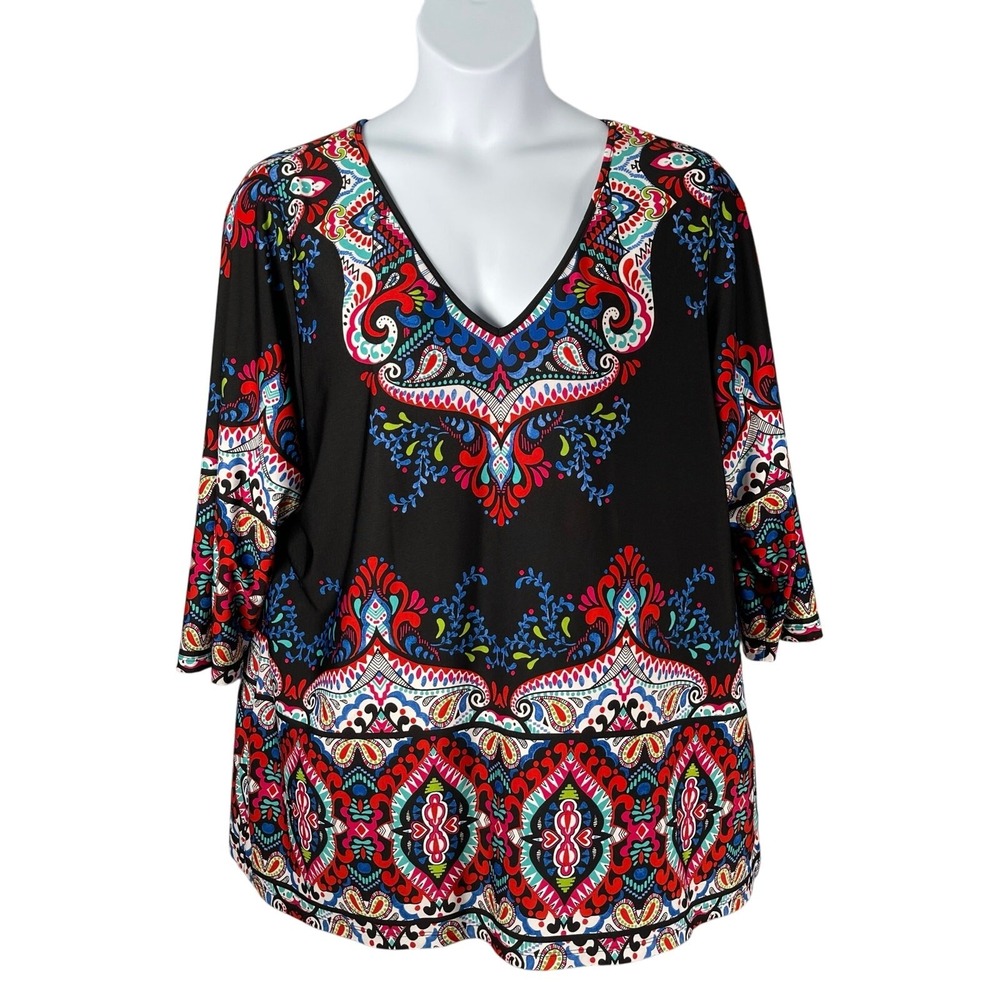 Melissa Paige Blouse‎ 2X Black Multi-color Print 3/4 Sleeve V-neck Artsy Bright